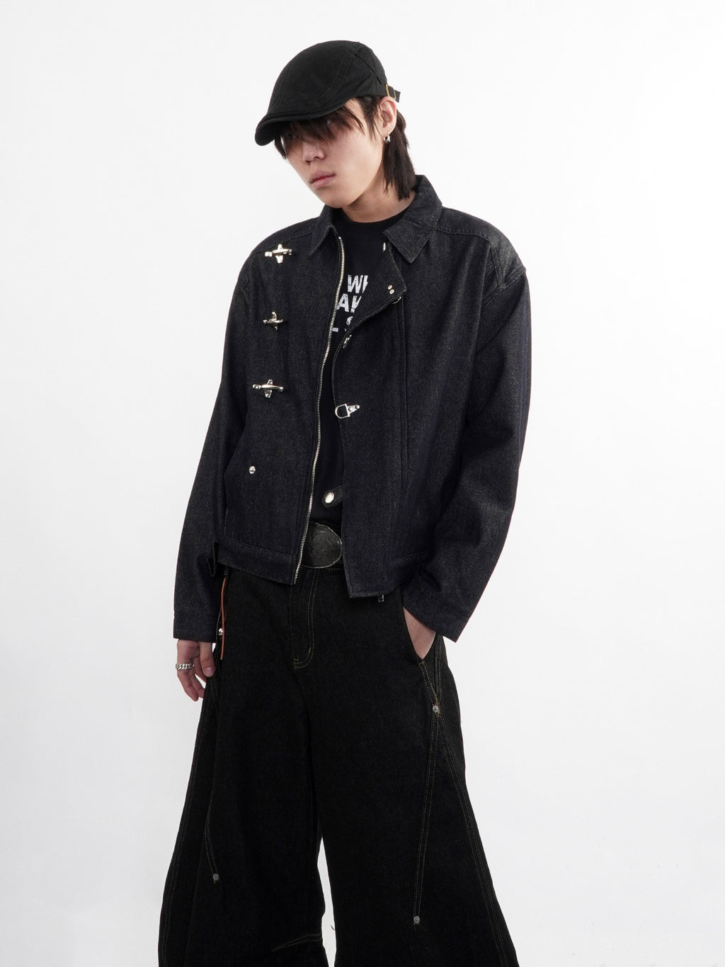 Black Denim Jacket with Fireman Buckles