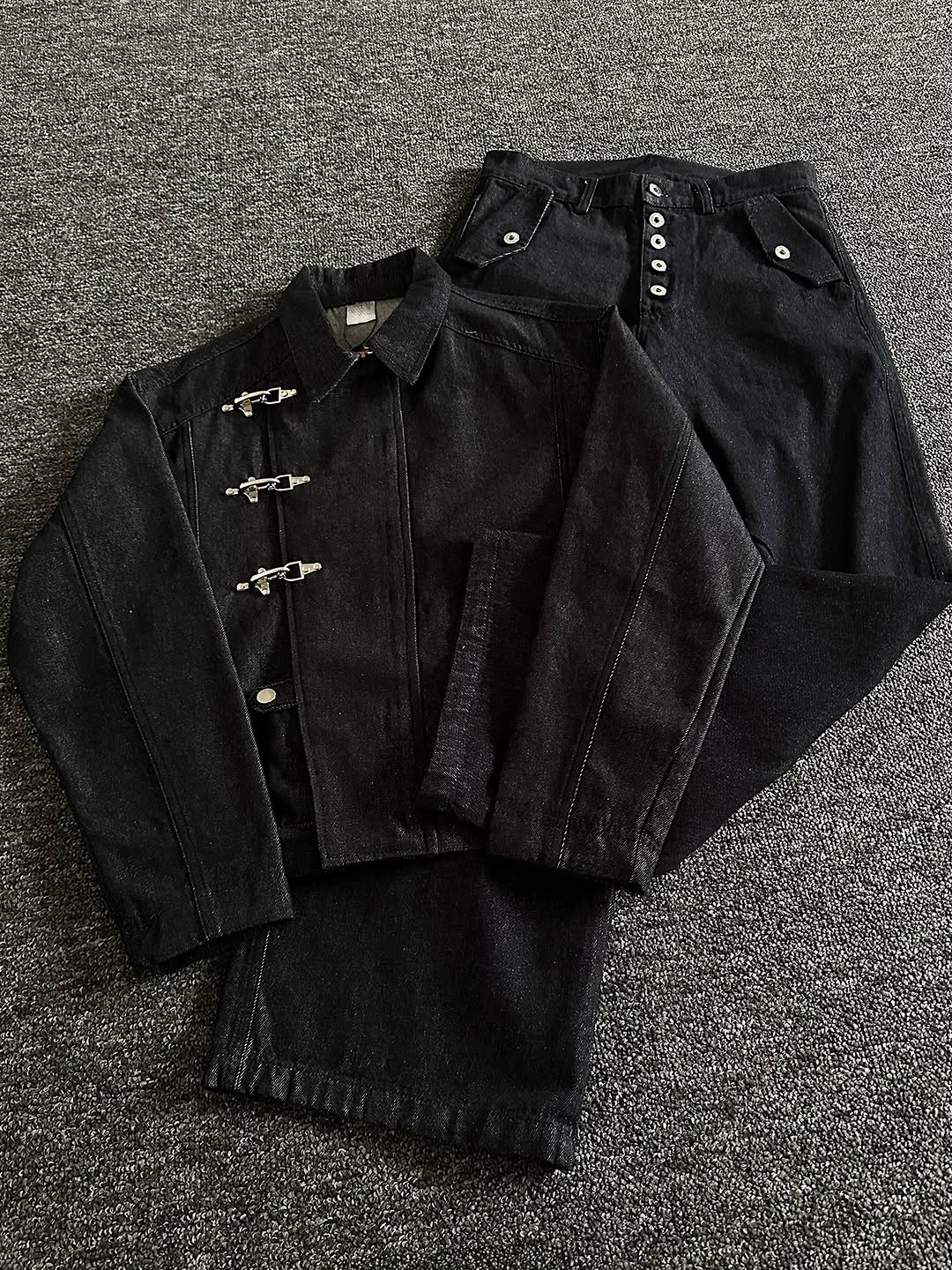 Black Denim Jacket with Fireman Buckles