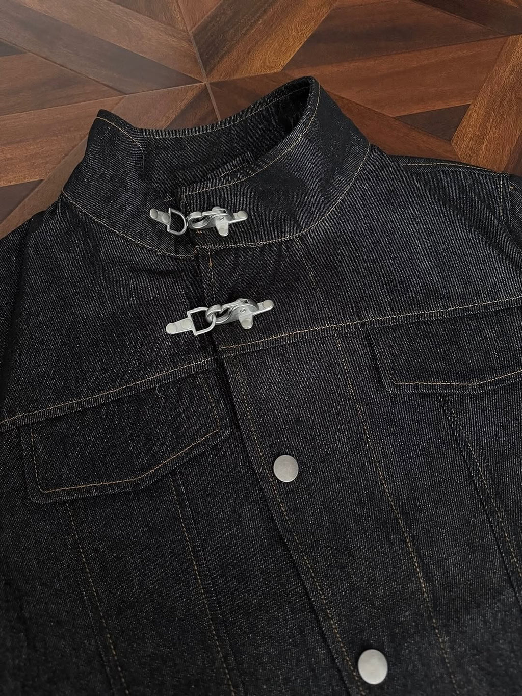 High-Neck Metal Clasp Trucker Jacket