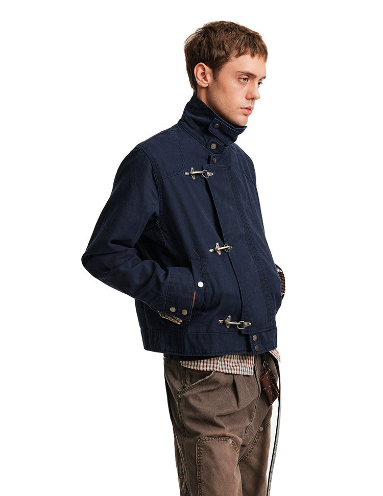 High Neck Canvas Jacket with Metal Clasp Closures
