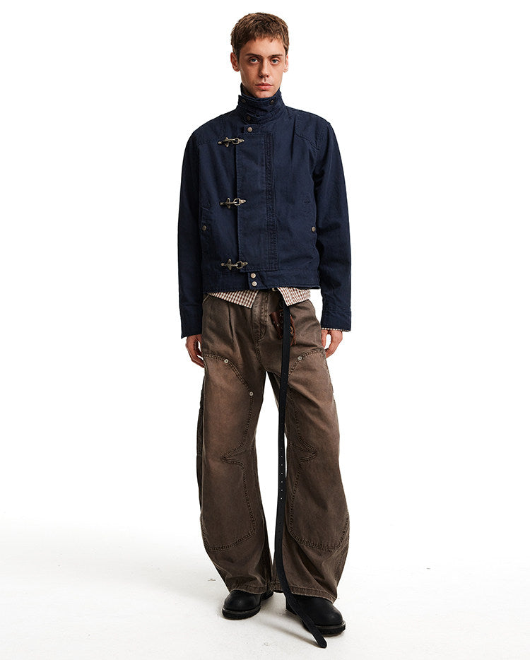 High Neck Canvas Jacket with Metal Clasp Closures