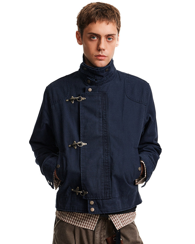 High Neck Canvas Jacket with Metal Clasp Closures