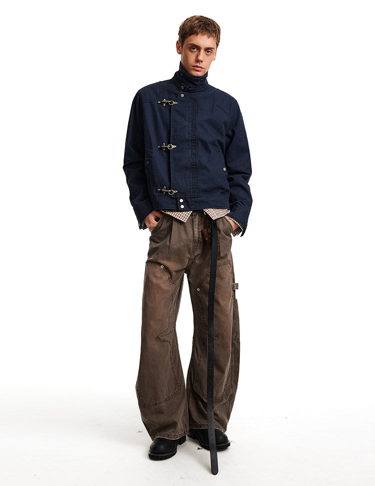 High Neck Canvas Jacket with Metal Clasp Closures