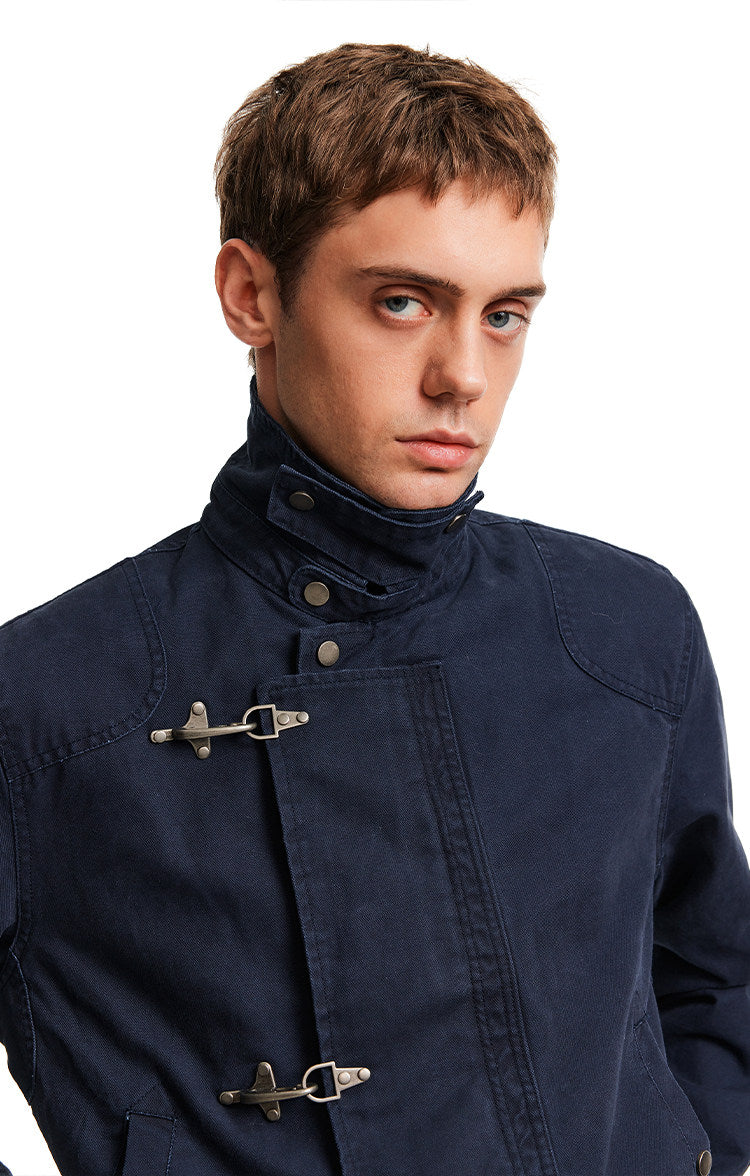 High Neck Canvas Jacket with Metal Clasp Closures