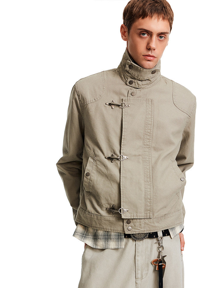 High Neck Canvas Jacket with Metal Clasp Closures