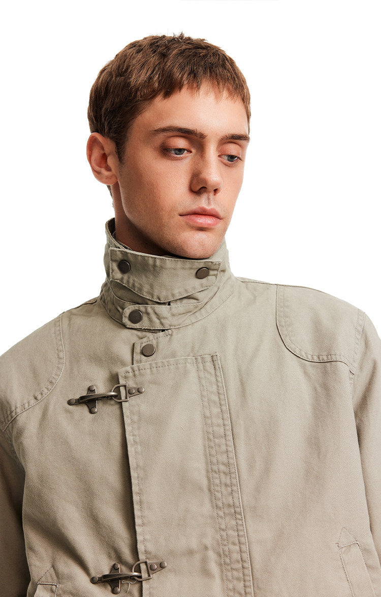 High Neck Canvas Jacket with Metal Clasp Closures