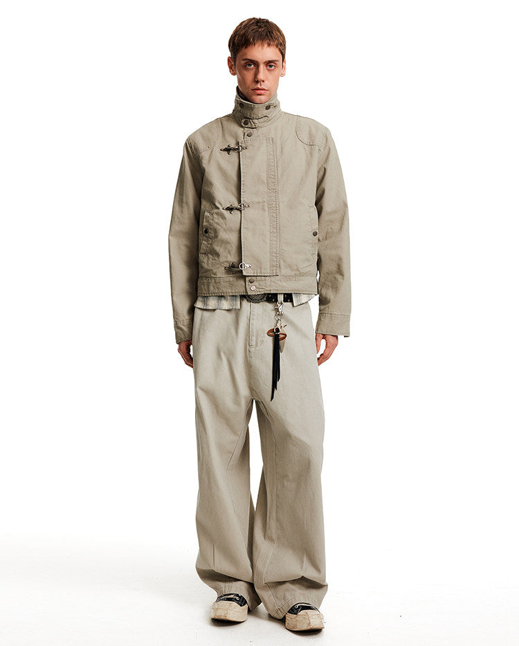 High Neck Canvas Jacket with Metal Clasp Closures
