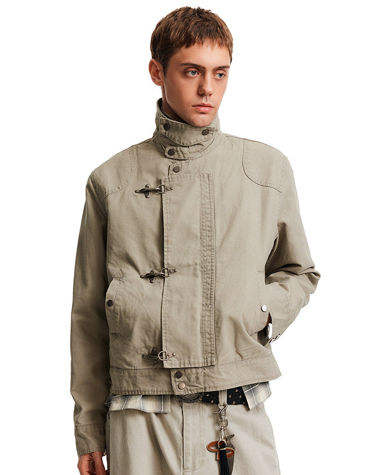 High Neck Canvas Jacket with Metal Clasp Closures