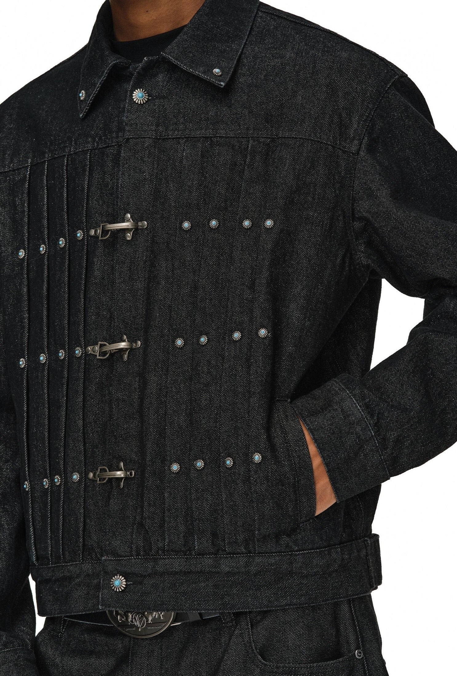 Western-Inspired Pleated Denim Jacket with Turquoise Studs & Fireman Clasps