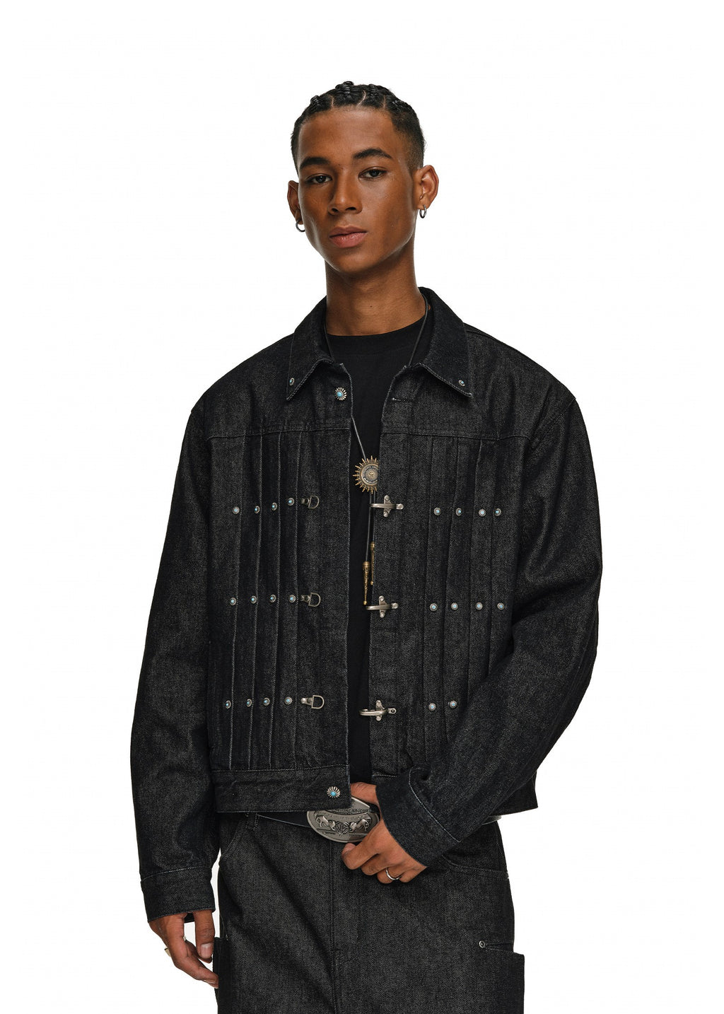 Western-Inspired Pleated Denim Jacket with Turquoise Studs & Fireman Clasps