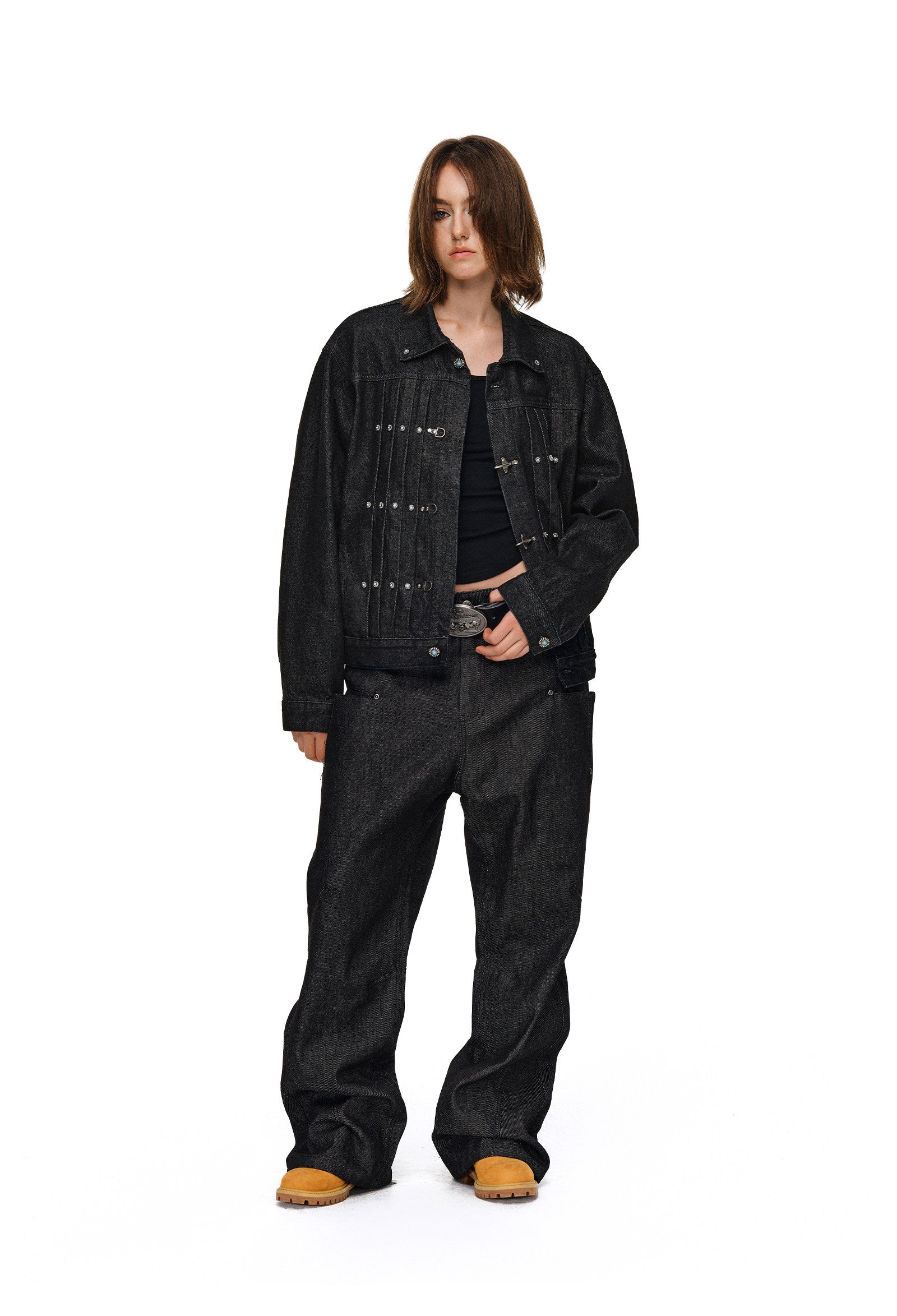 Western-Inspired Pleated Denim Jacket with Turquoise Studs & Fireman Clasps