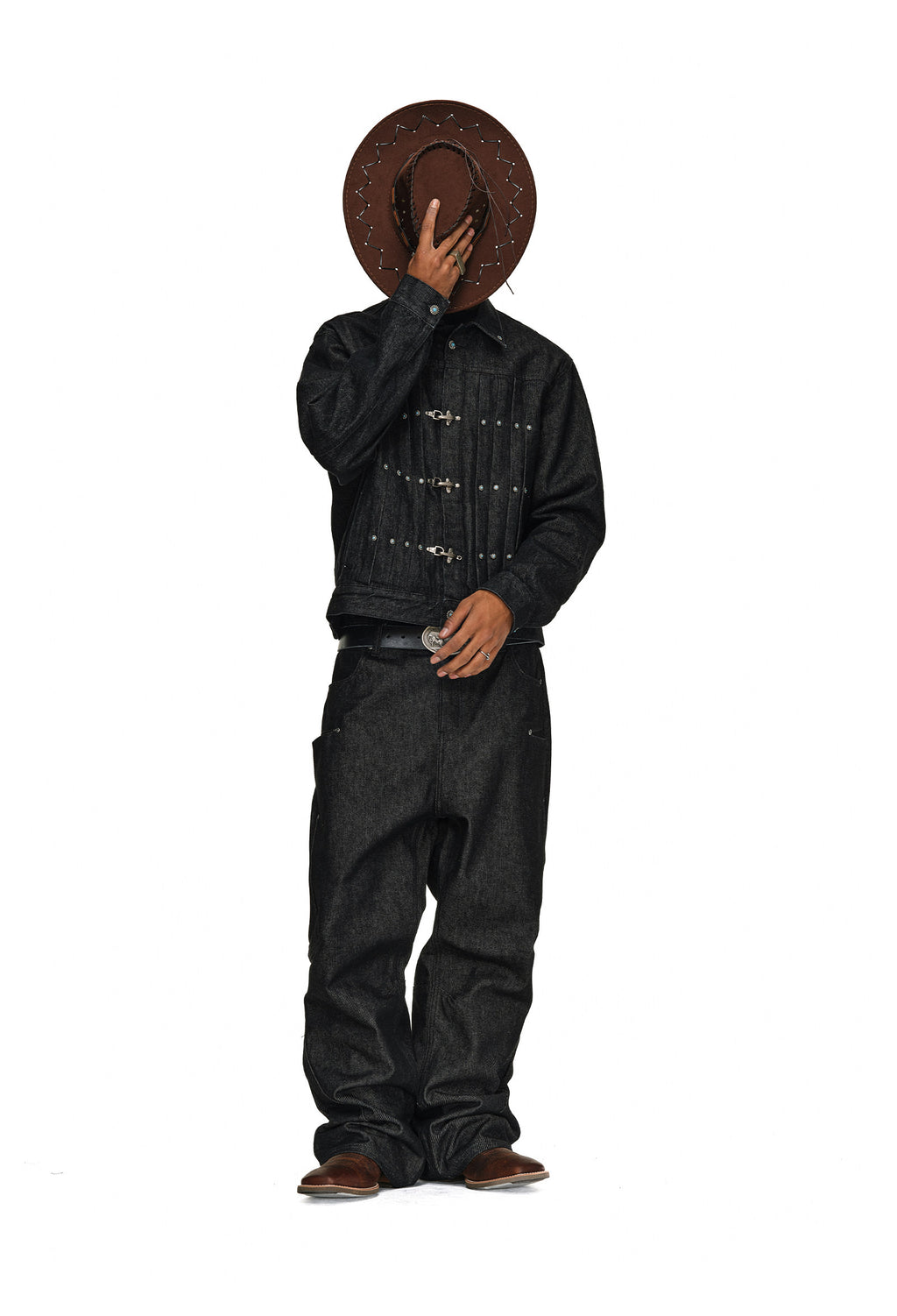 Western-Inspired Pleated Denim Jacket with Turquoise Studs & Fireman Clasps