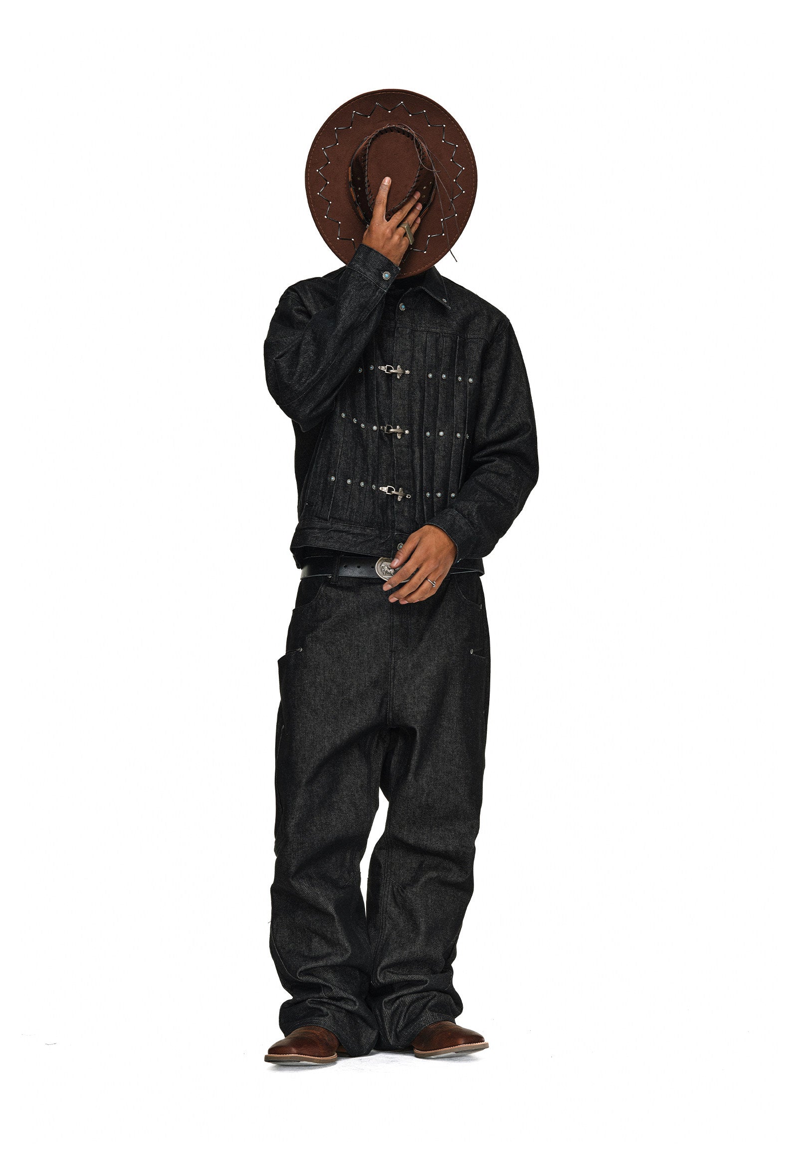 Western-Inspired Pleated Denim Jacket with Turquoise Studs & Fireman Clasps