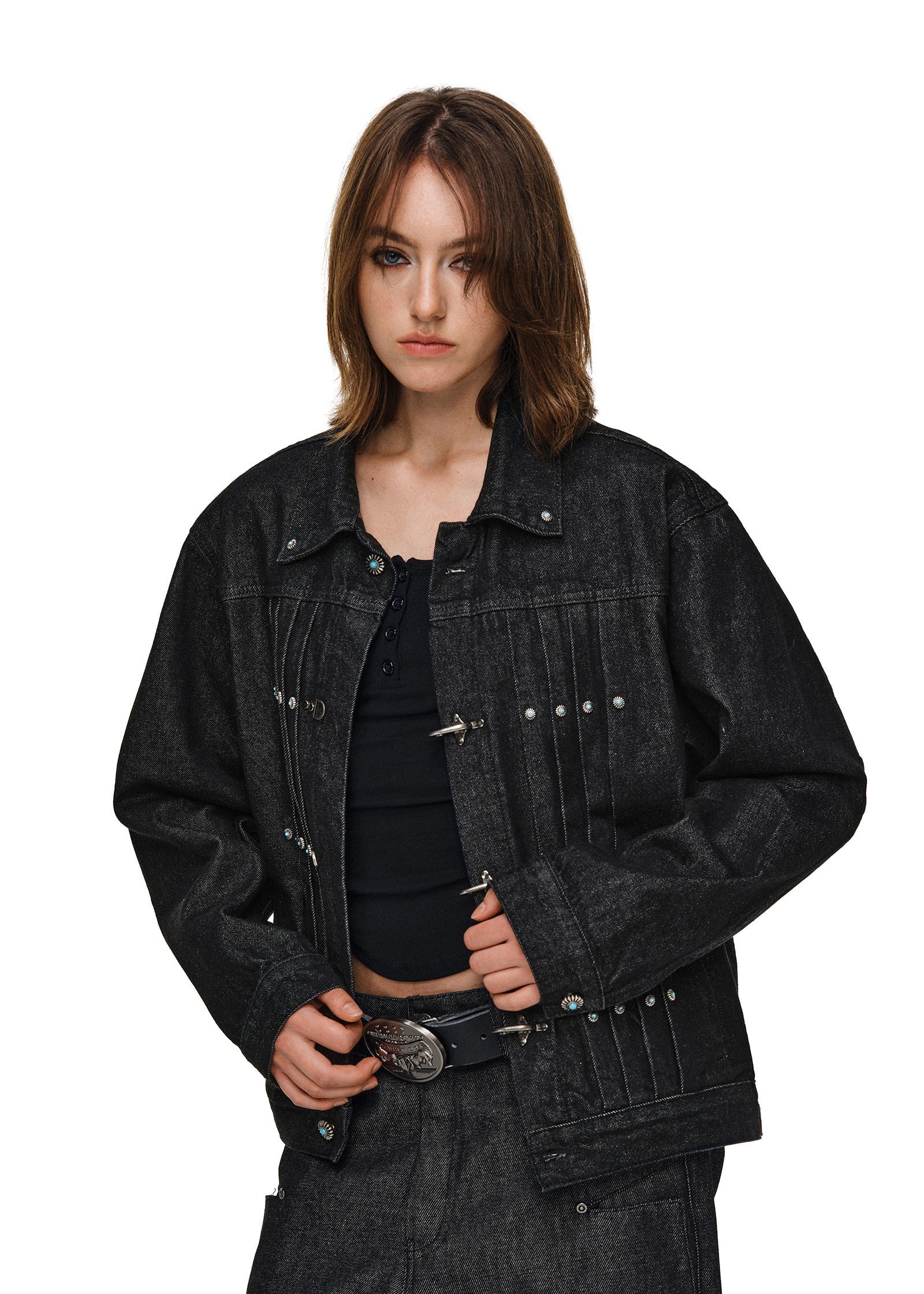 Western-Inspired Pleated Denim Jacket with Turquoise Studs & Fireman Clasps