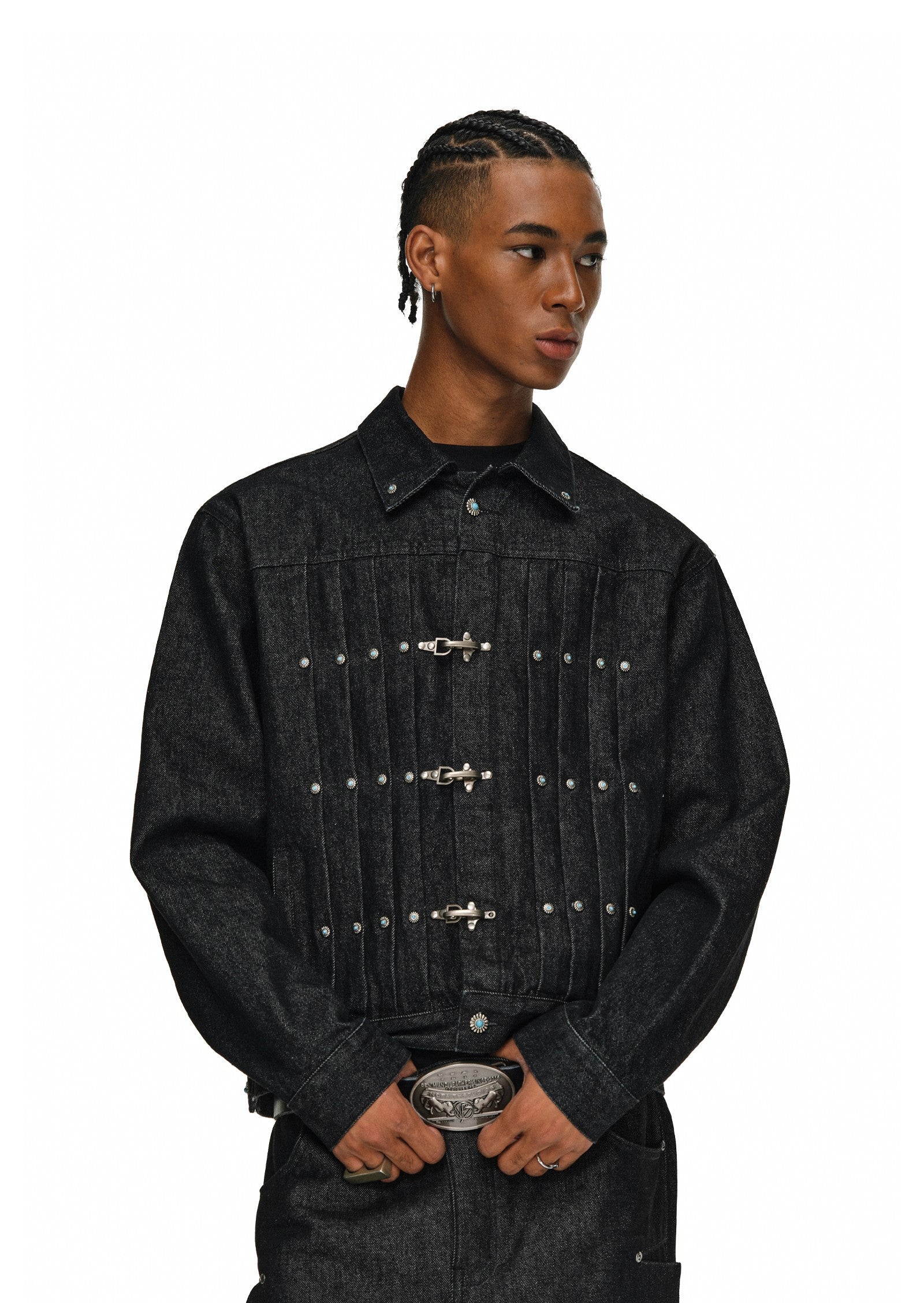 Western-Inspired Pleated Denim Jacket with Turquoise Studs & Fireman Clasps