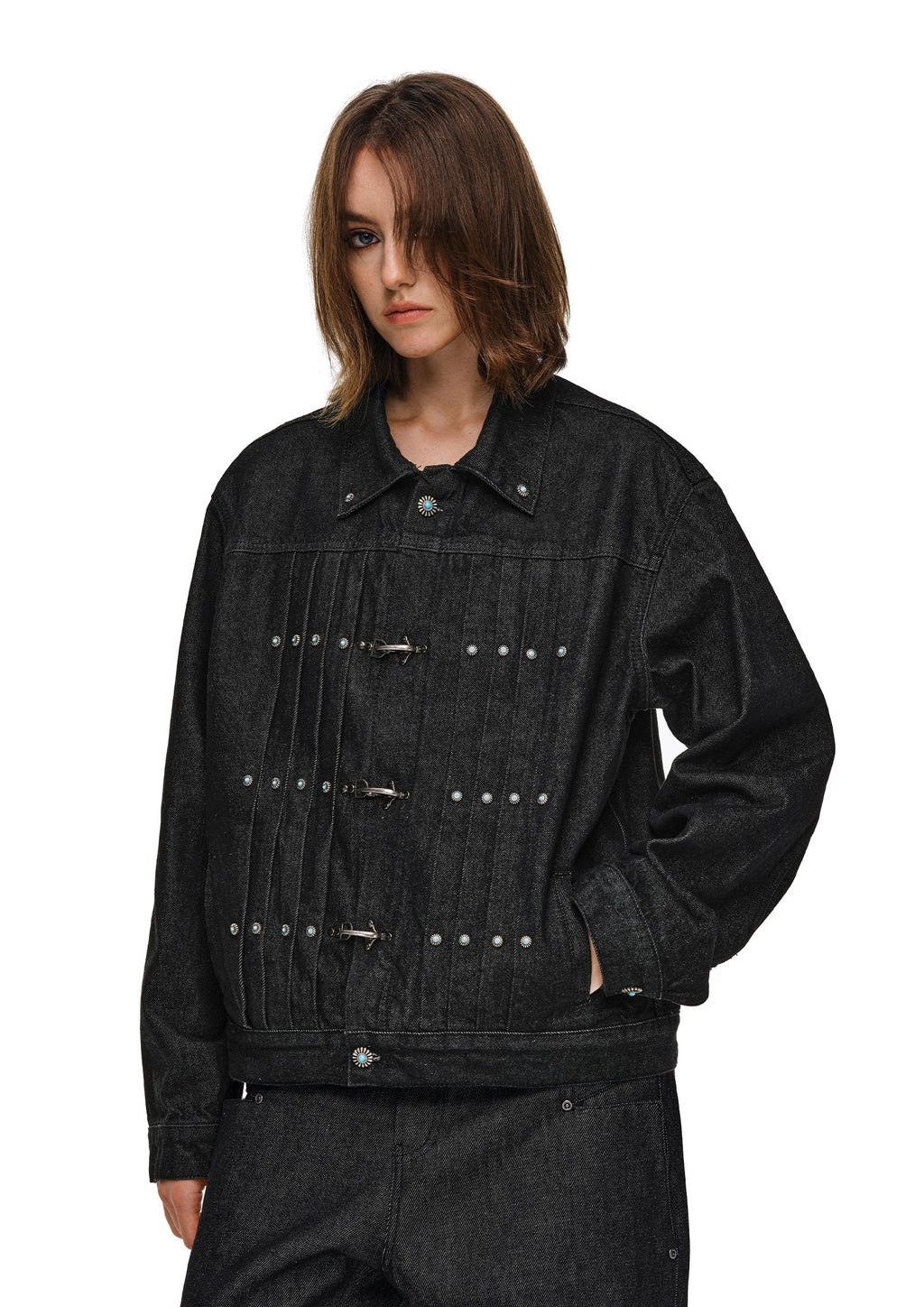 Western-Inspired Pleated Denim Jacket with Turquoise Studs & Fireman Clasps