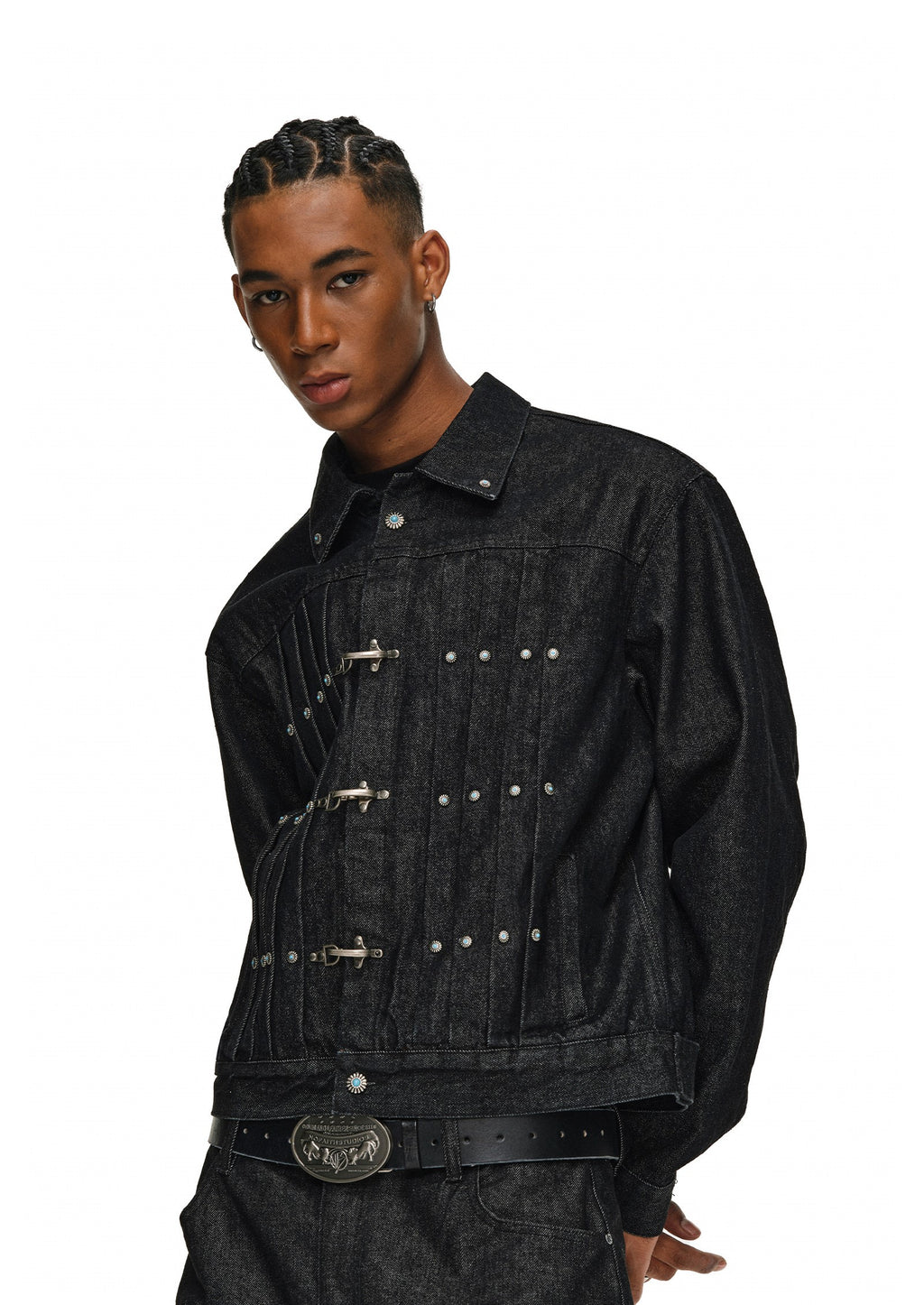 Western-Inspired Pleated Denim Jacket with Turquoise Studs & Fireman Clasps
