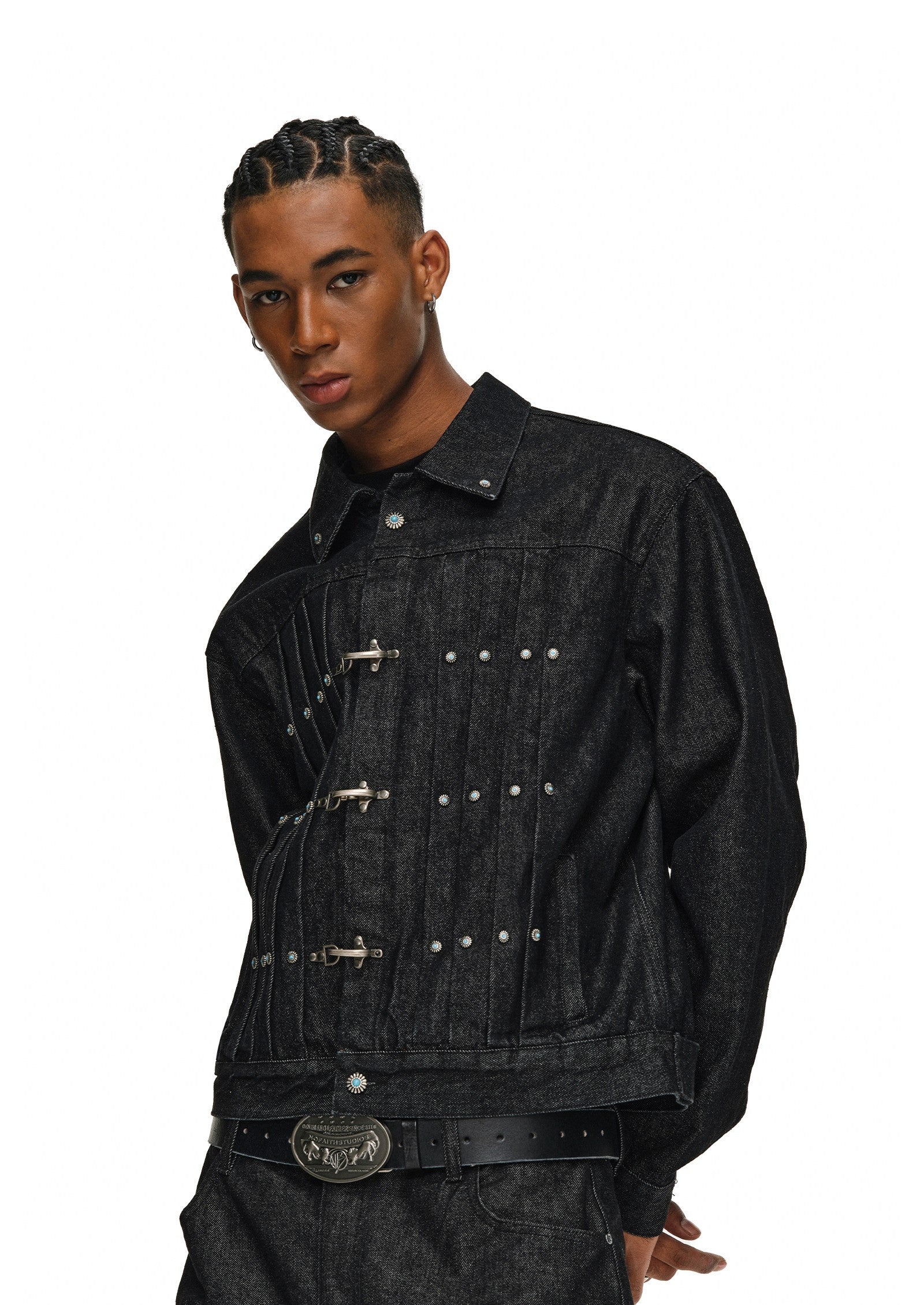 Western-Inspired Pleated Denim Jacket with Turquoise Studs & Fireman Clasps