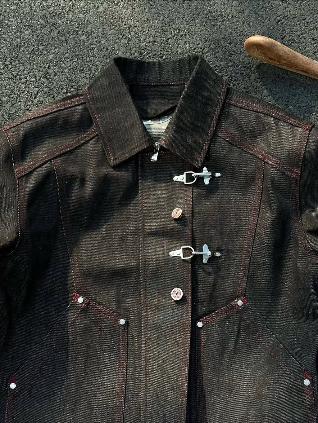 Deconstructed Denim Work Jacket with Lobster Clasp Closures