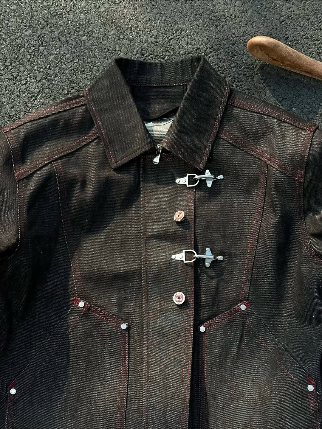 Deconstructed Denim Work Jacket with Lobster Clasp Closures
