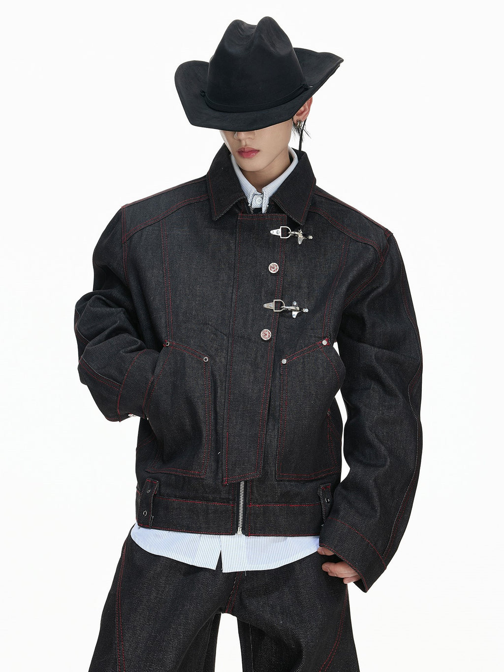 Deconstructed Denim Work Jacket with Lobster Clasp Closures