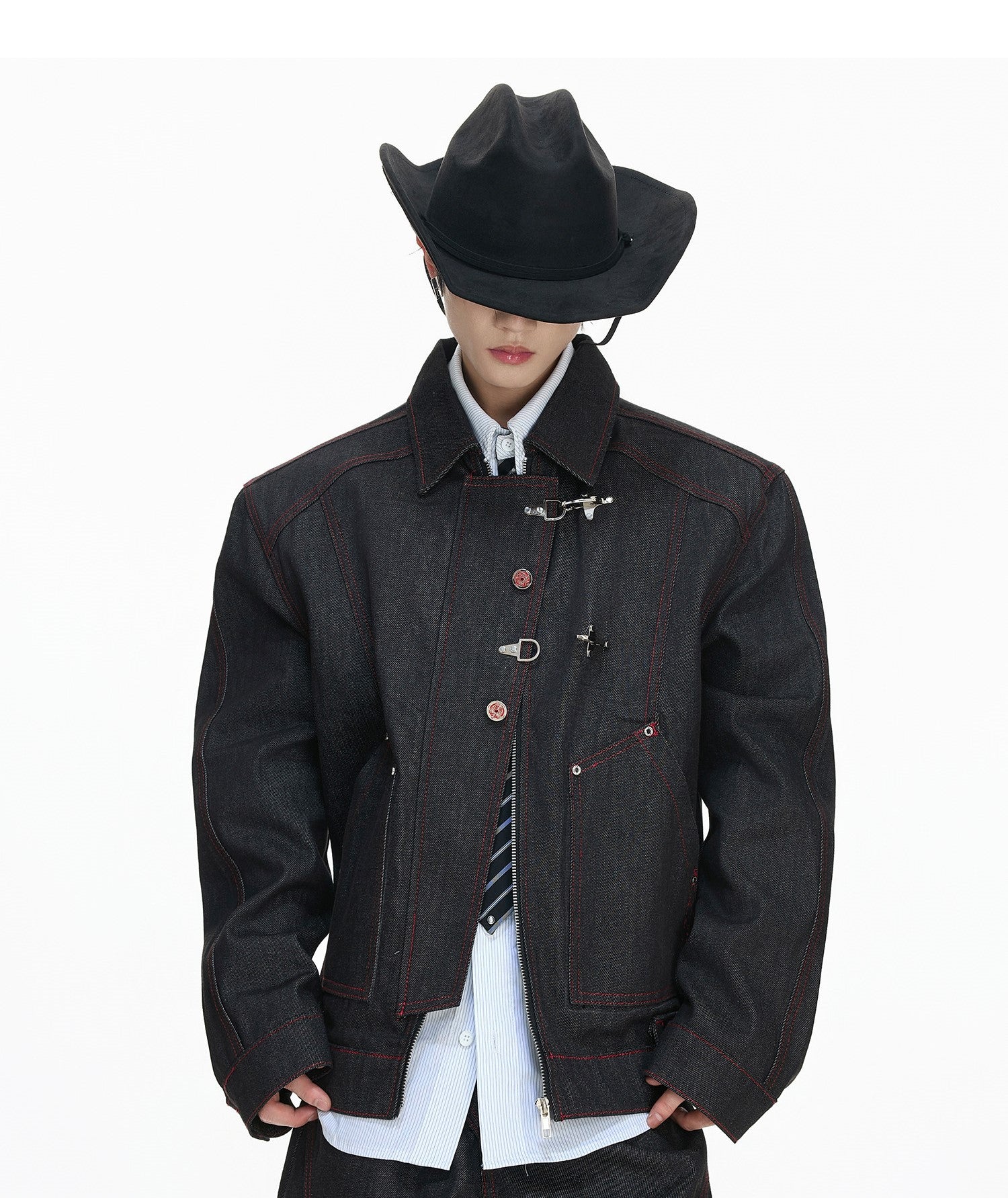 Deconstructed Denim Work Jacket with Lobster Clasp Closures