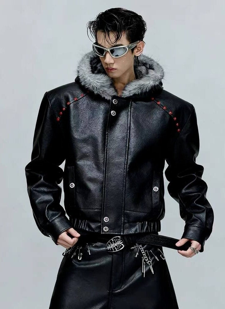 Cyberpunk Faux Leather Bomber Jacket with Faux Fur Hood & Studded Detail