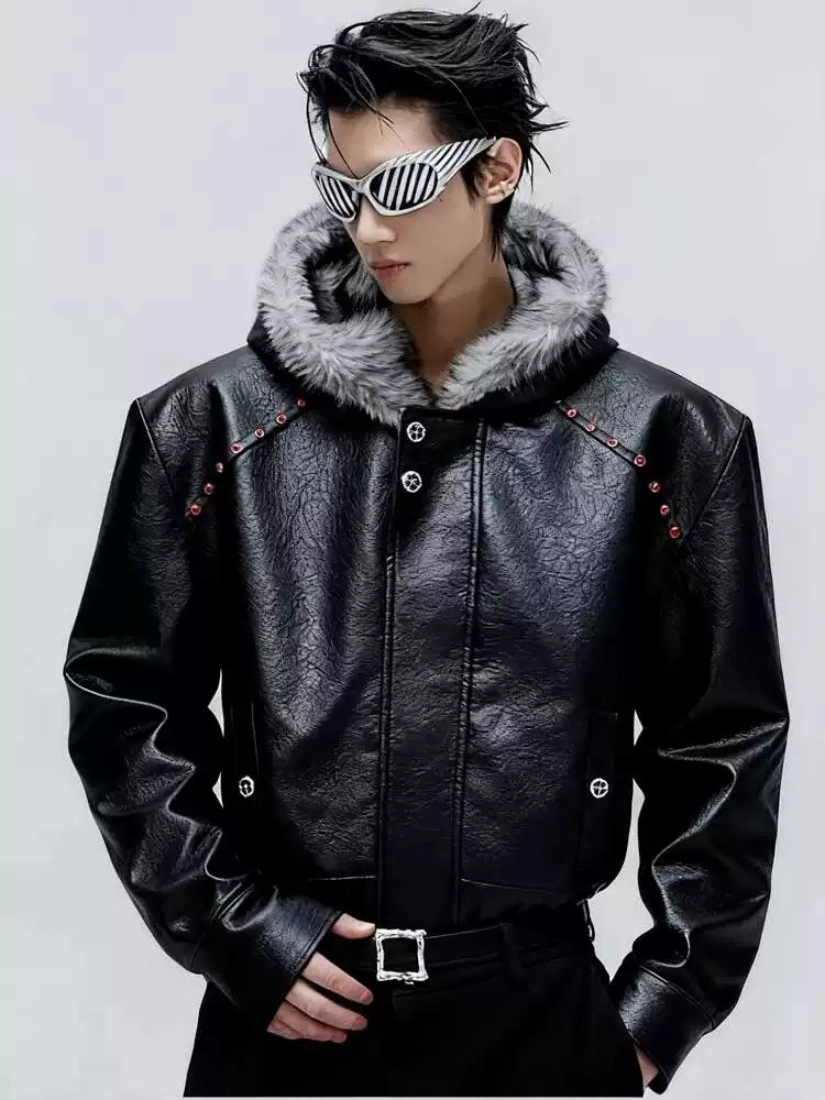 Cyberpunk Faux Leather Bomber Jacket with Faux Fur Hood & Studded Detail