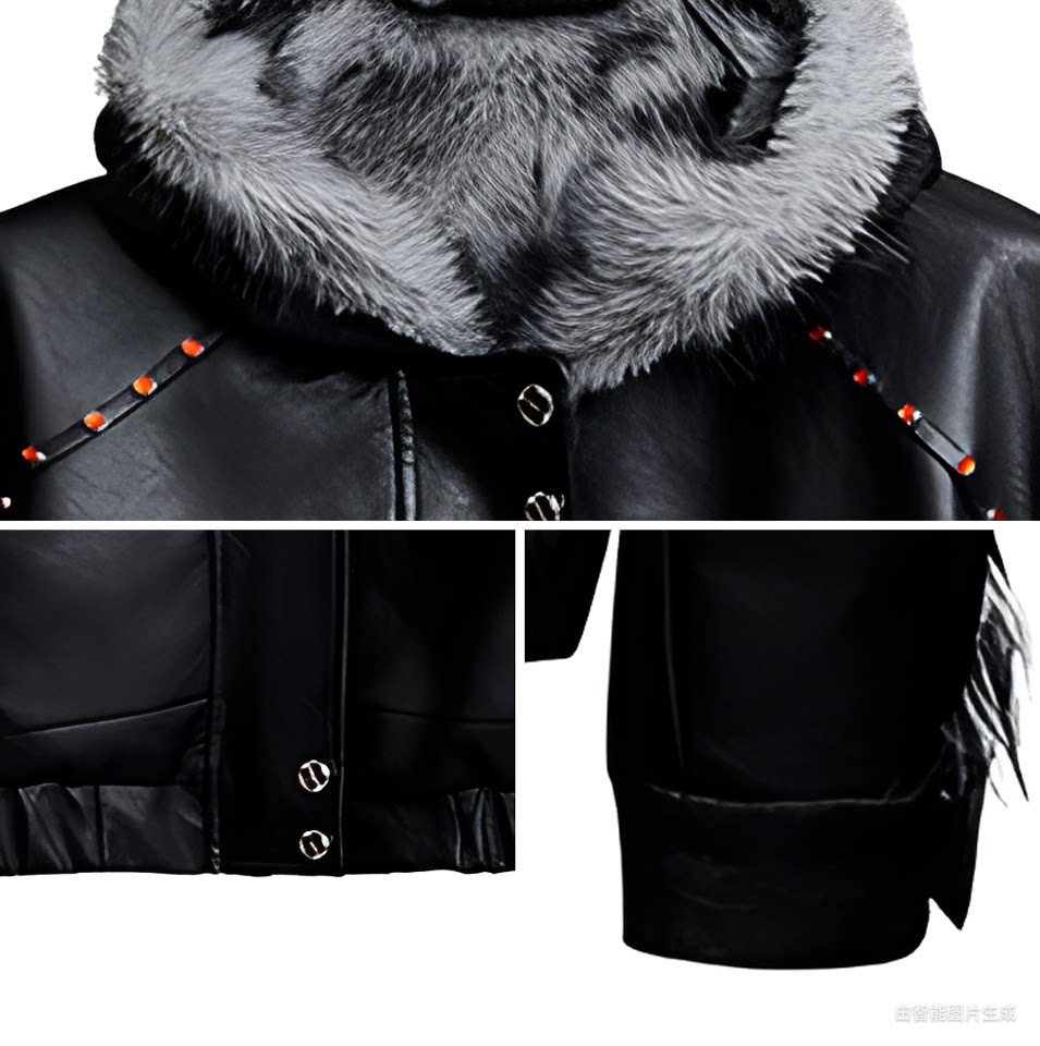 Cyberpunk Faux Leather Bomber Jacket with Faux Fur Hood & Studded Detail