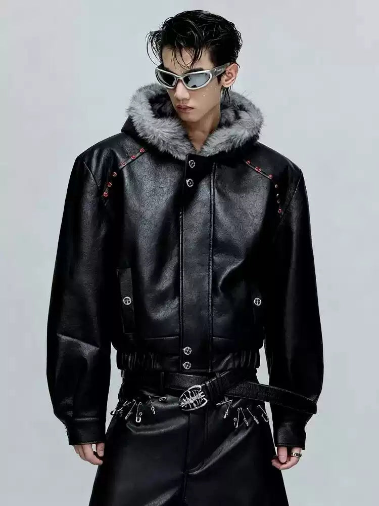 Cyberpunk Faux Leather Bomber Jacket with Faux Fur Hood & Studded Detail