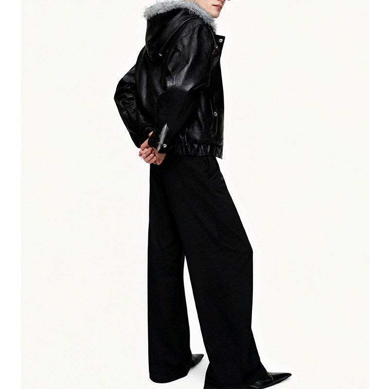 Cyberpunk Faux Leather Bomber Jacket with Faux Fur Hood & Studded Detail