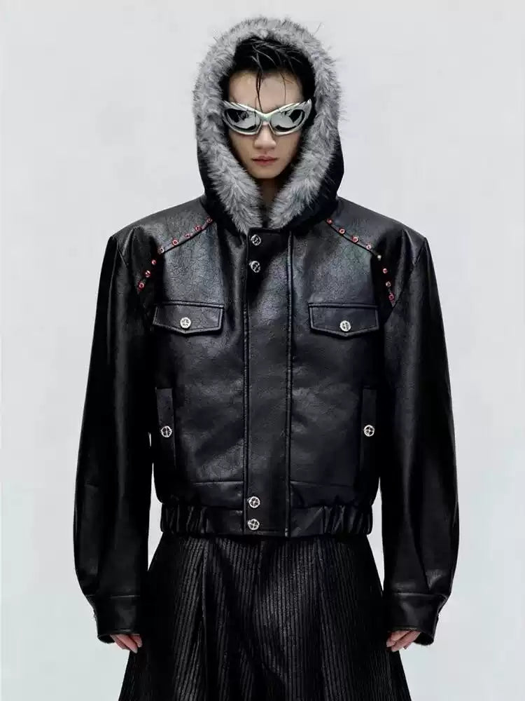 Cyberpunk Faux Leather Bomber Jacket with Faux Fur Hood & Studded Detail