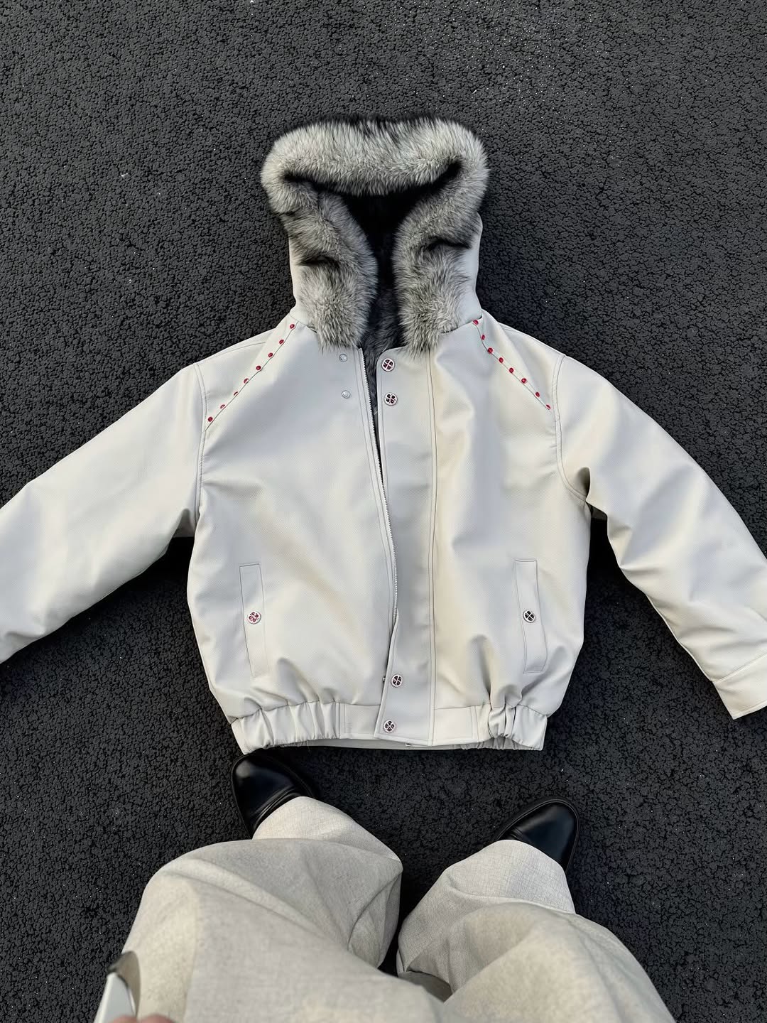 Cyberpunk Faux Leather Bomber Jacket with Faux Fur Hood & Studded Detail