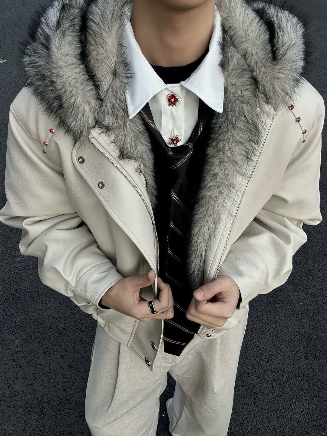 Cyberpunk Faux Leather Bomber Jacket with Faux Fur Hood & Studded Detail