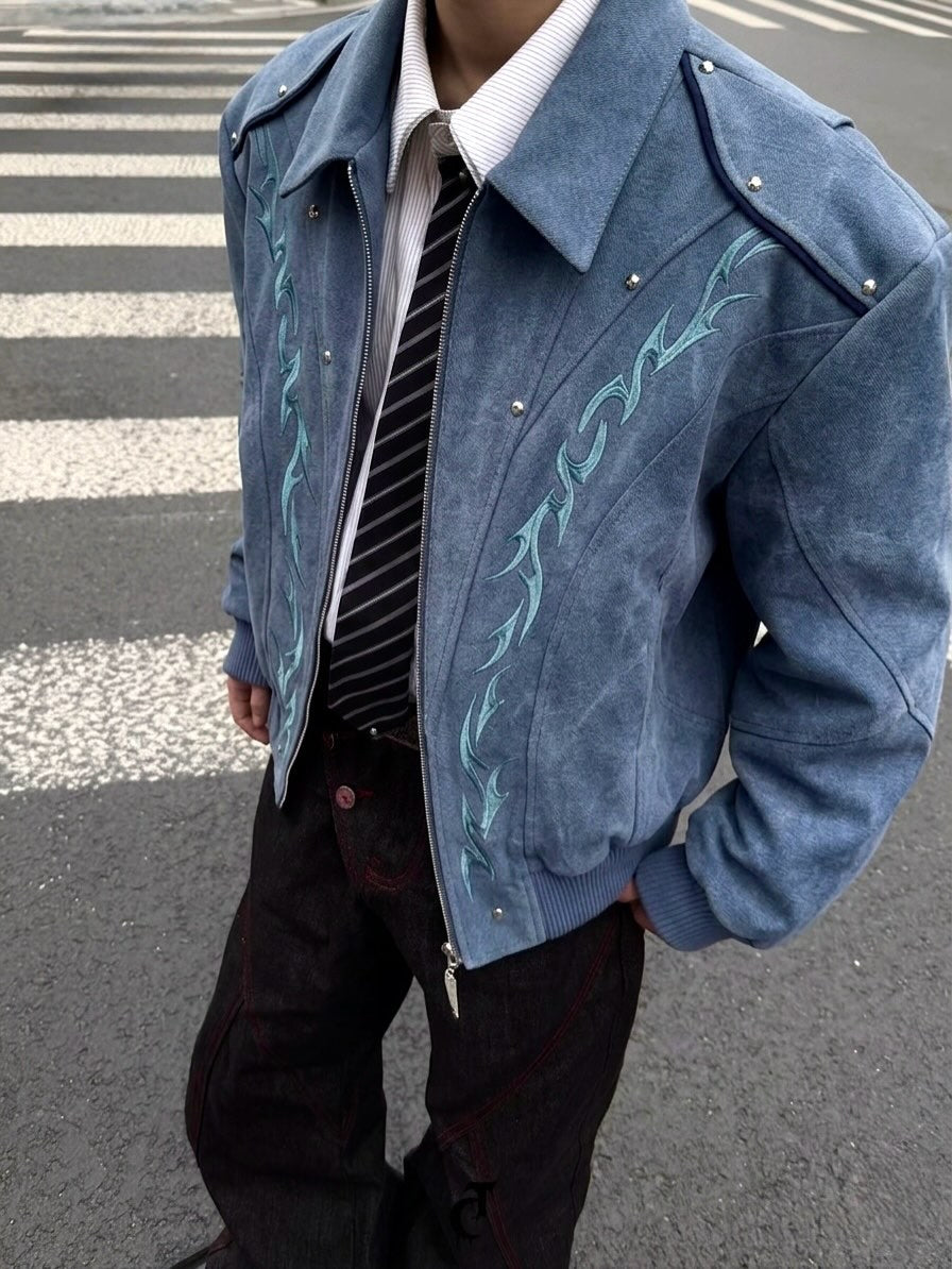Tribal Embroidered Leather Bomber Jacket