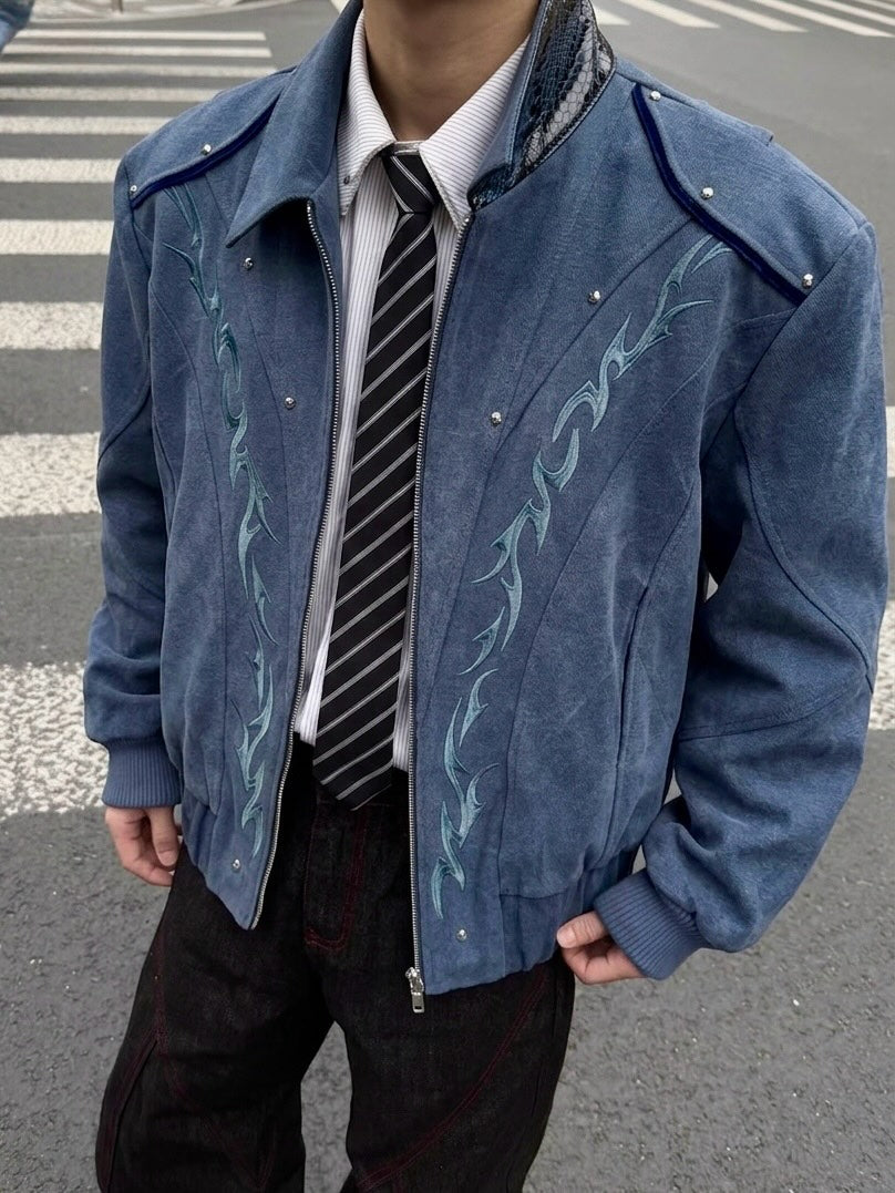 Tribal Embroidered Leather Bomber Jacket