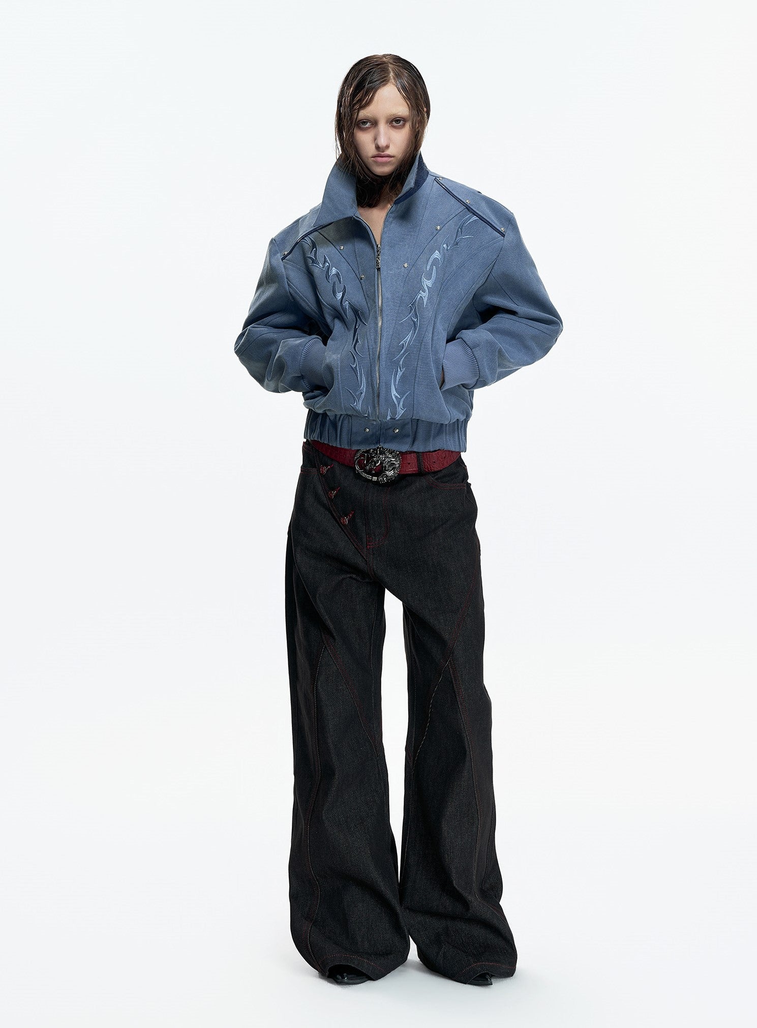 Tribal Embroidered Leather Bomber Jacket
