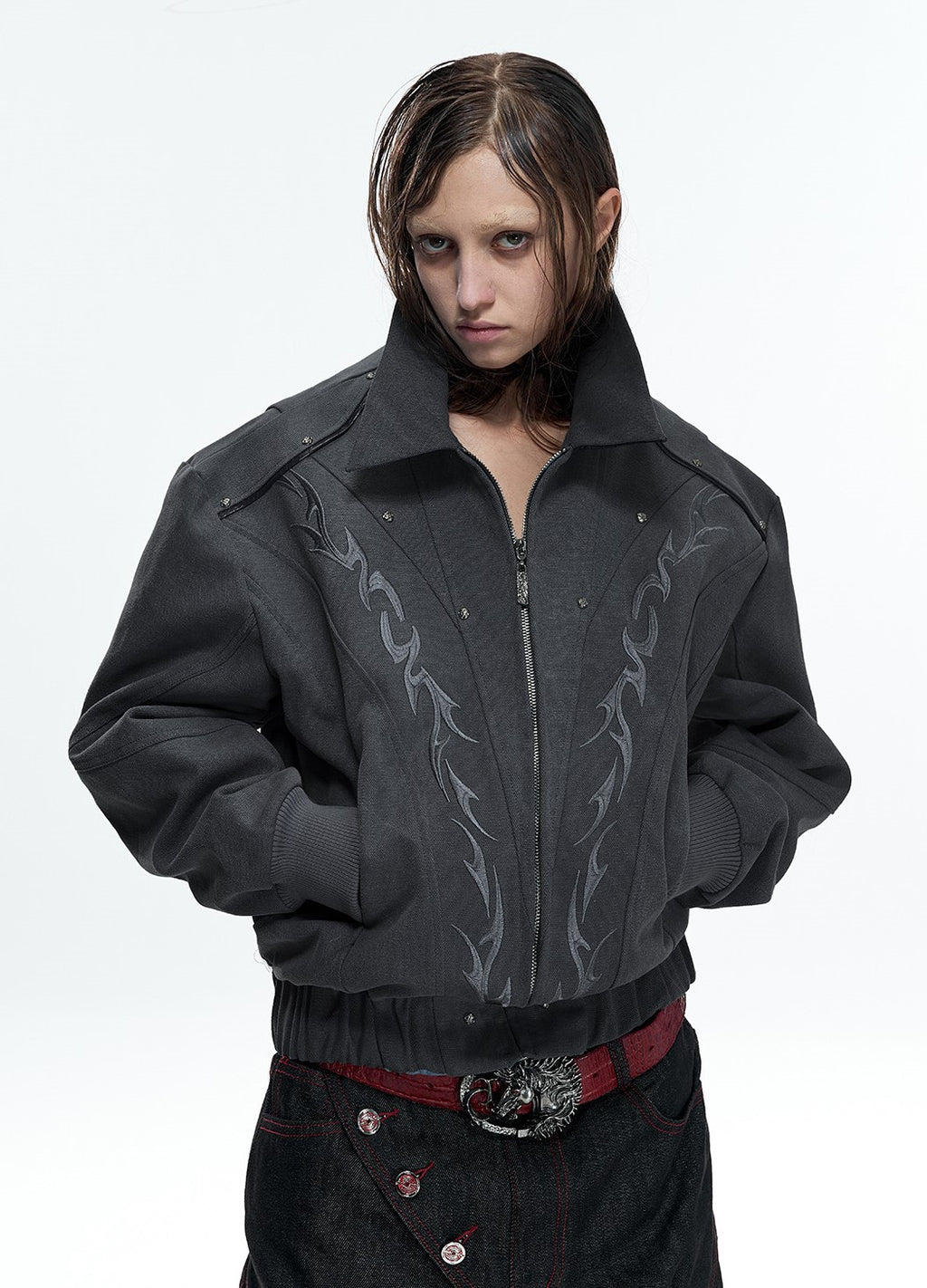 Tribal Embroidered Leather Bomber Jacket