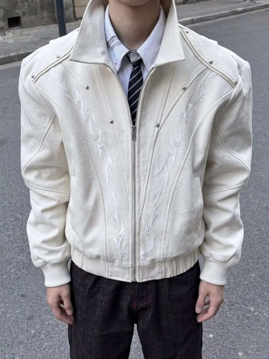 Tribal Embroidered Leather Bomber Jacket