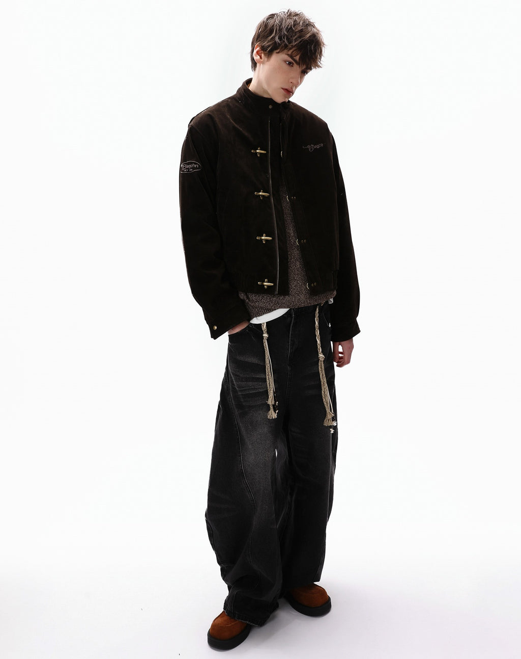 Vintage Suede Fireman Buckle Jacket with Sak Yant Embroidery