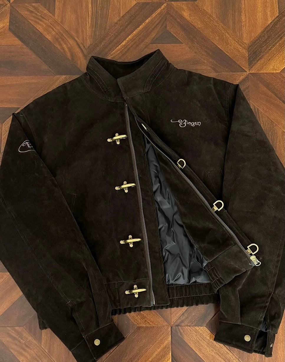Vintage Suede Fireman Buckle Jacket with Sak Yant Embroidery