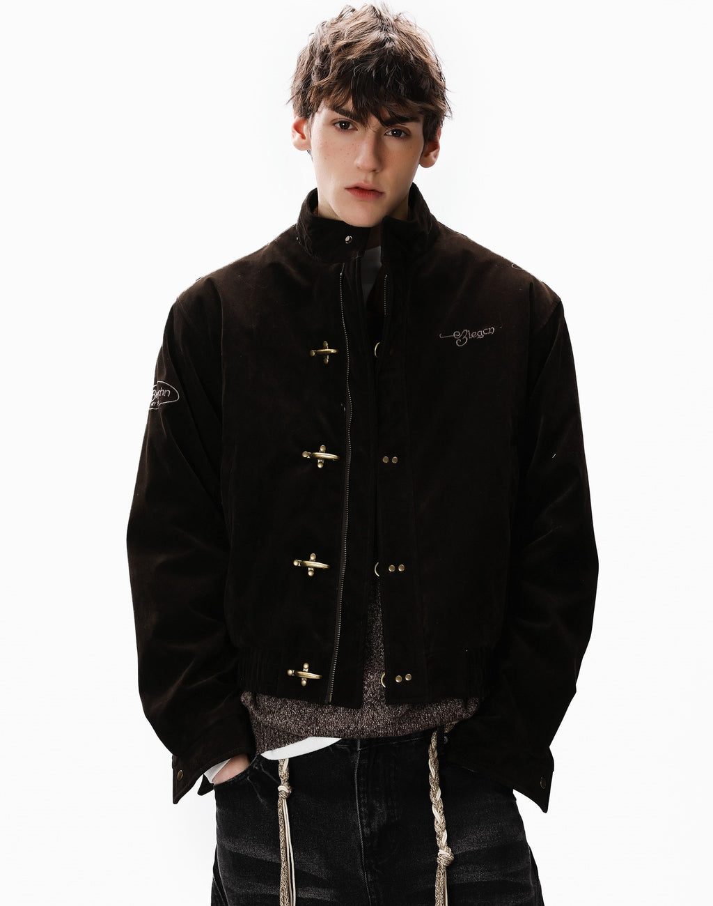 Vintage Suede Fireman Buckle Jacket with Sak Yant Embroidery