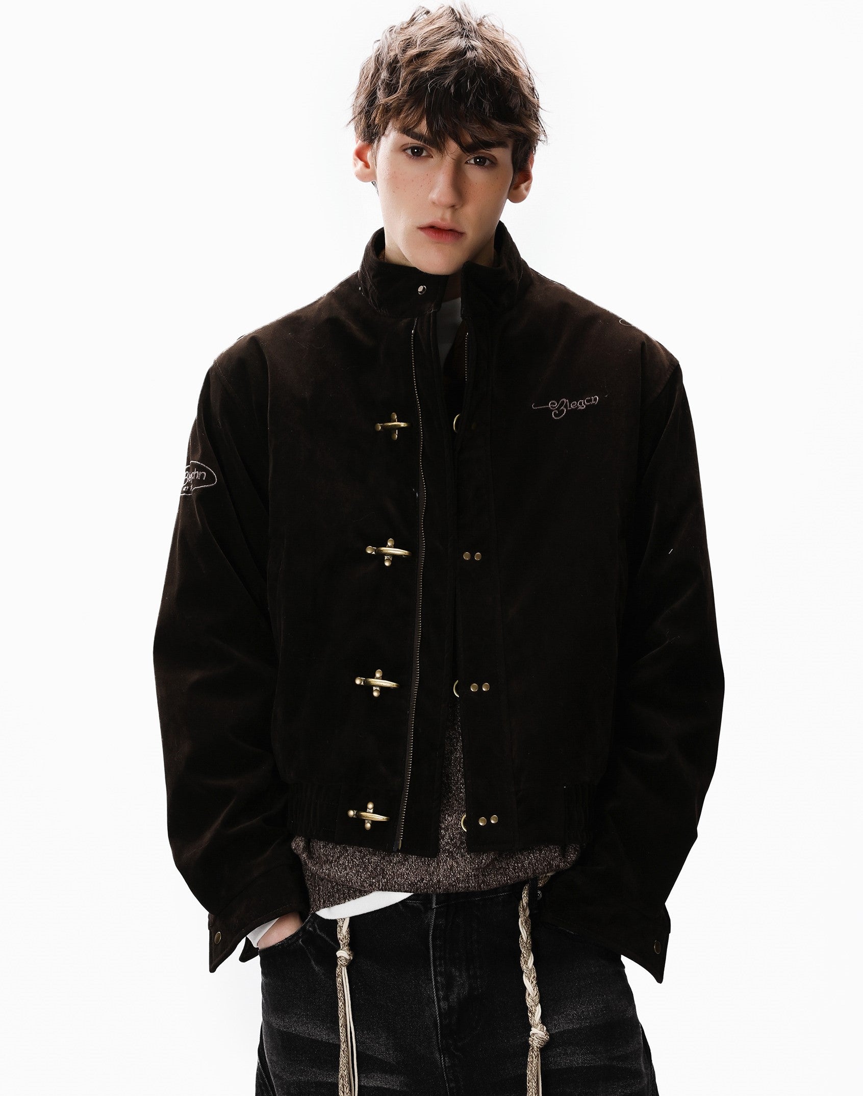 Vintage Suede Fireman Buckle Jacket with Sak Yant Embroidery