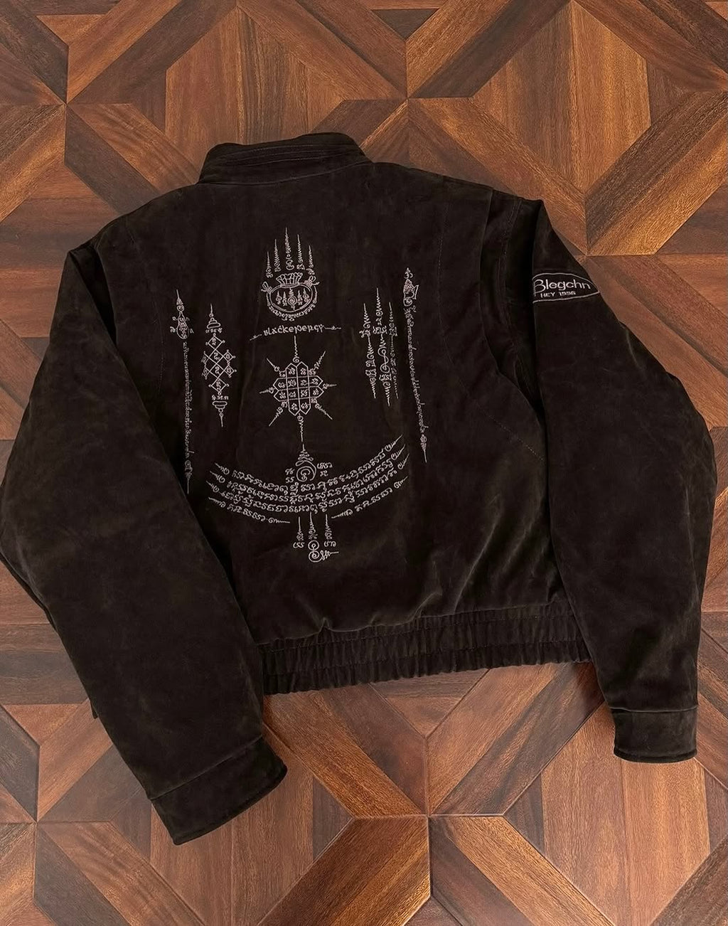 Vintage Suede Fireman Buckle Jacket with Sak Yant Embroidery