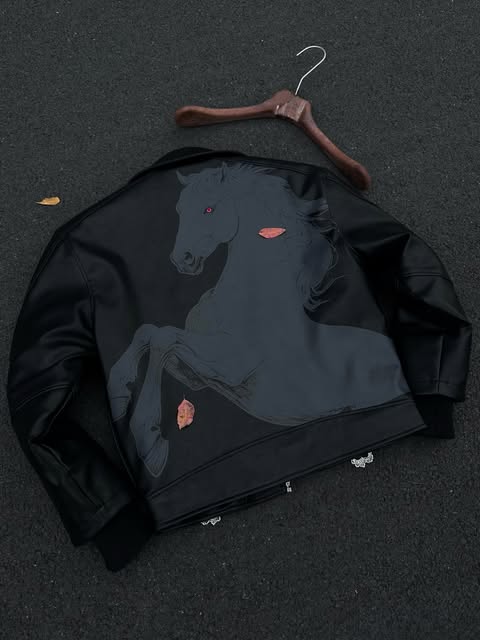 Embroidered Horse Back Leather Moto Jacket