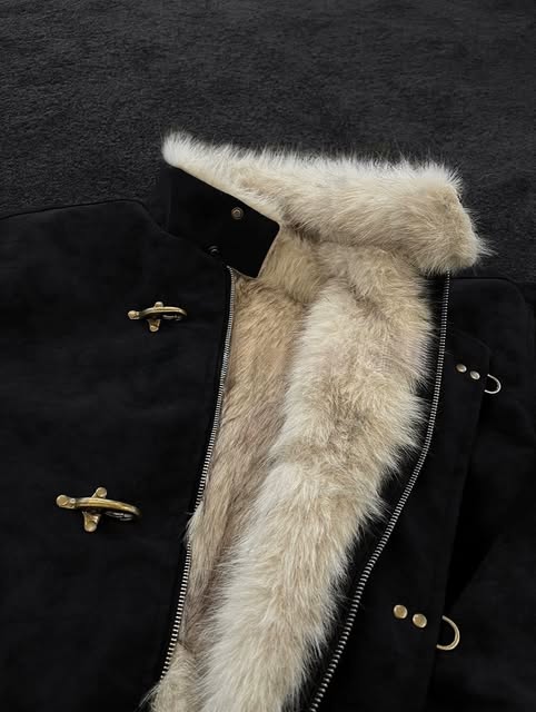 Fireman Clip Fur-Lined Suede Utility Bomber Jacket