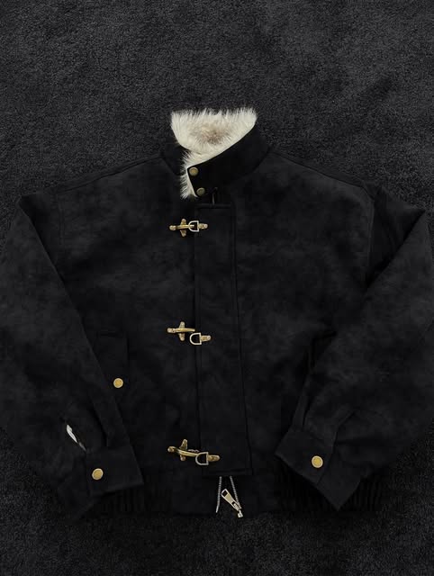 Fireman Clip Fur-Lined Suede Utility Bomber Jacket