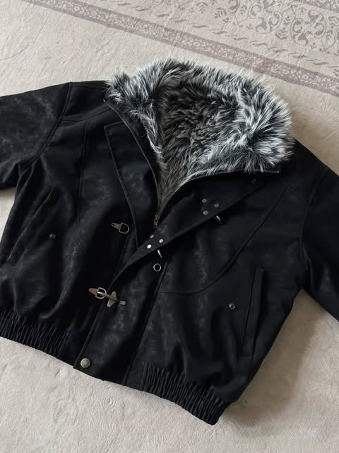 Fireman Clip Fur-Lined Suede Utility Bomber Jacket