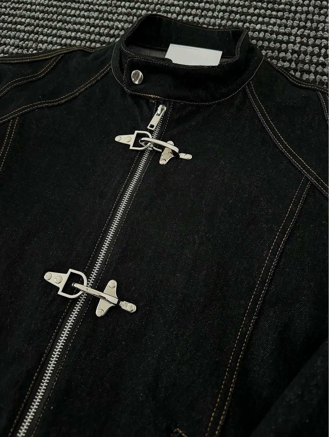 Black Denim Fireman Jacket with Contrast Stitching