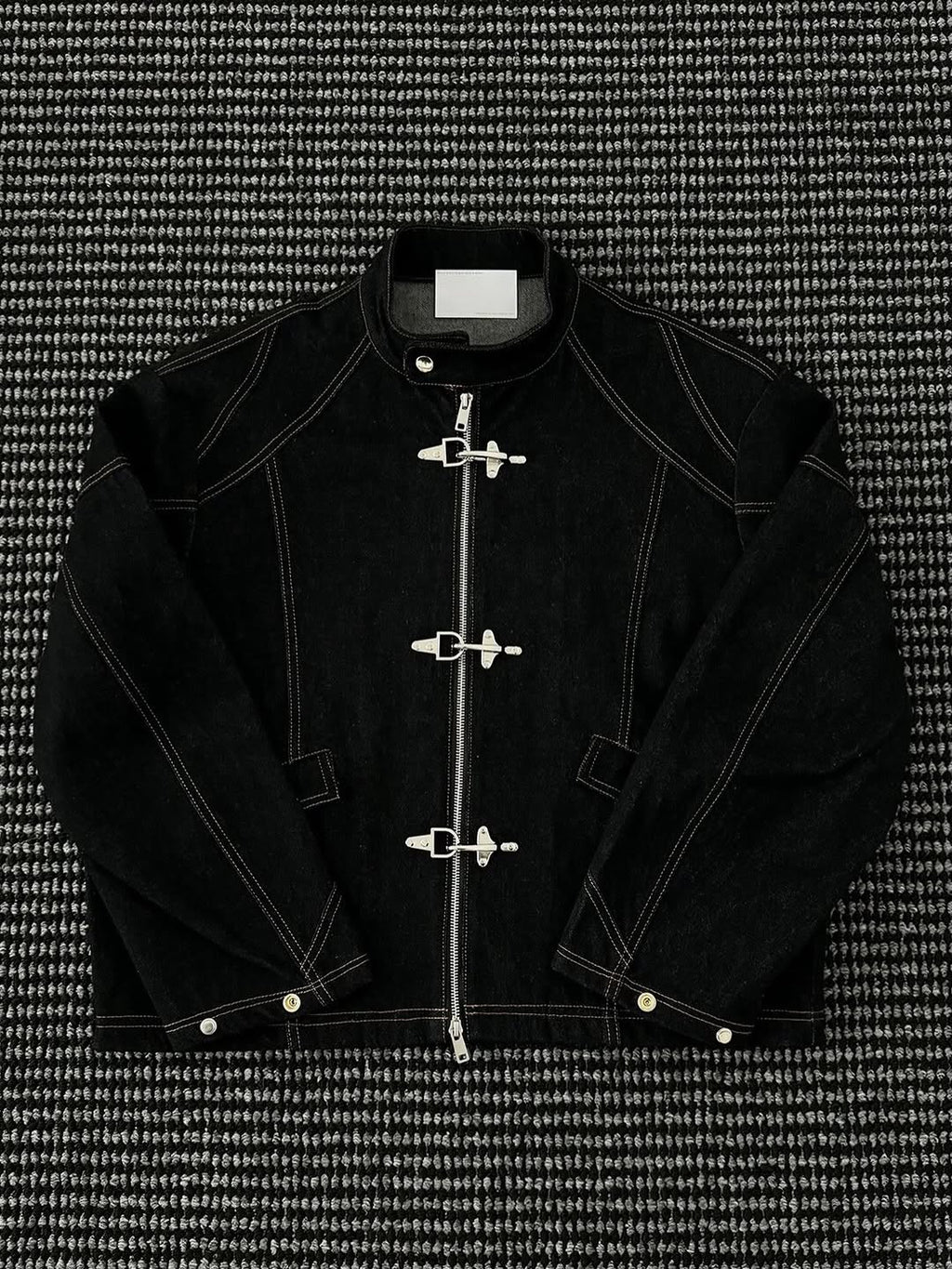 Black Denim Fireman Jacket with Contrast Stitching